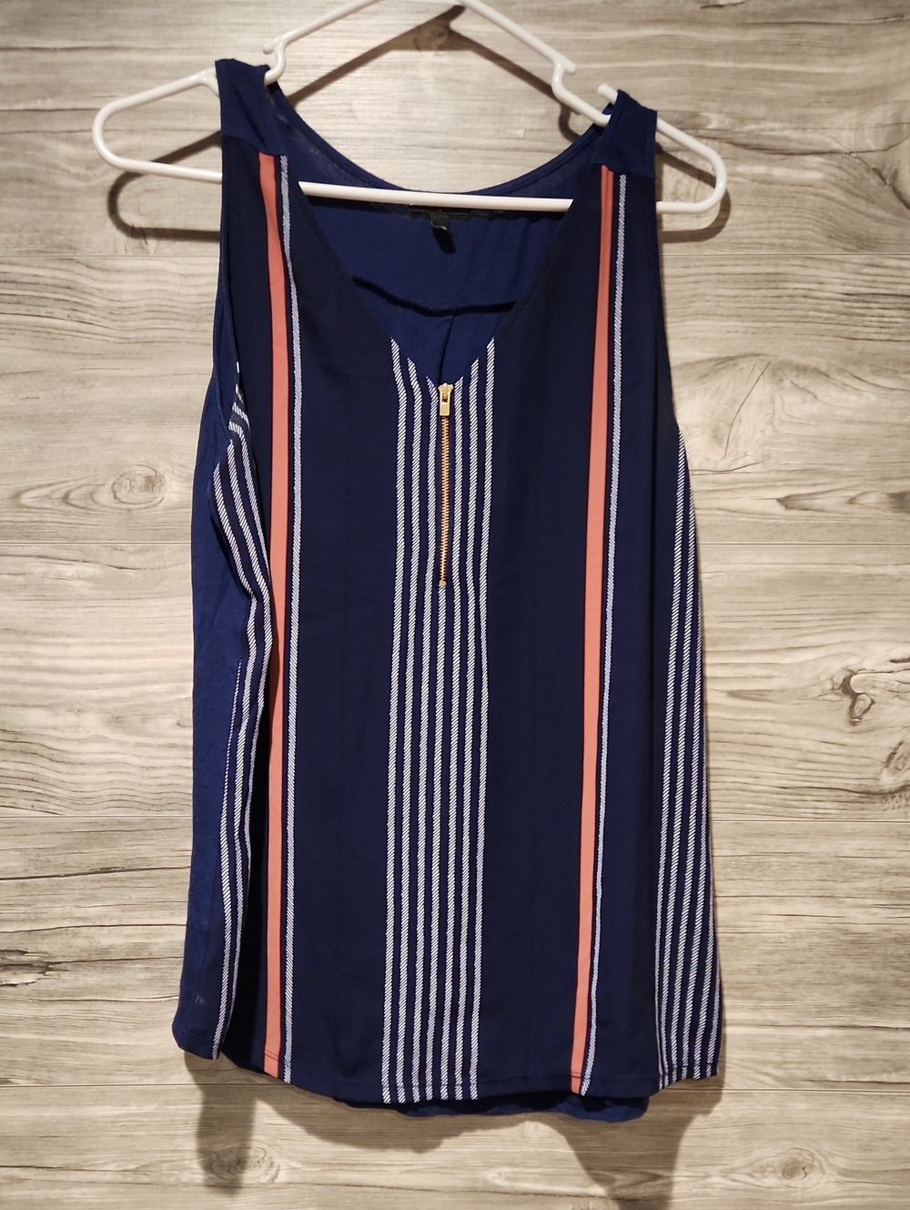 Express Navy Stripe Tank with Coral Accents and Gold Zip